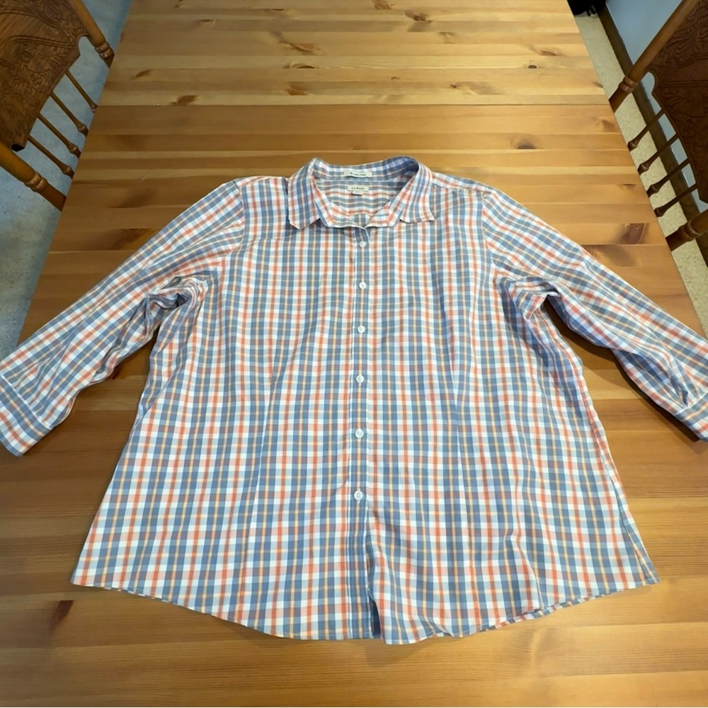 LL Bean Women’s Button Up Plaid Shirt Size 2XL Blue Yellow Red 100% Cotton
